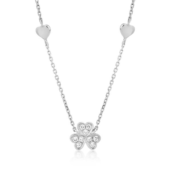 Colier cu trifoi si inimioare din aur alb cu diamante de 0.061ct