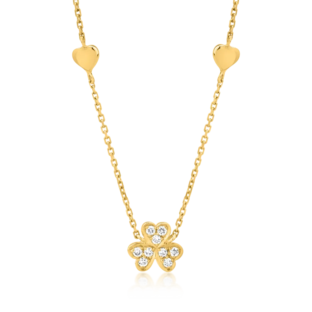 Colier cu trifoi si inimioare din aur galben cu diamante de 0.062ct