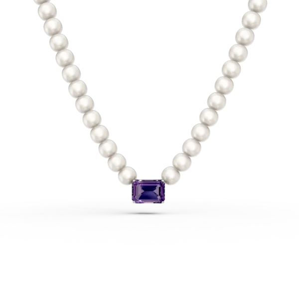 Colier din aur alb cu ametist octogonal de 1.1ct si perle de cultura