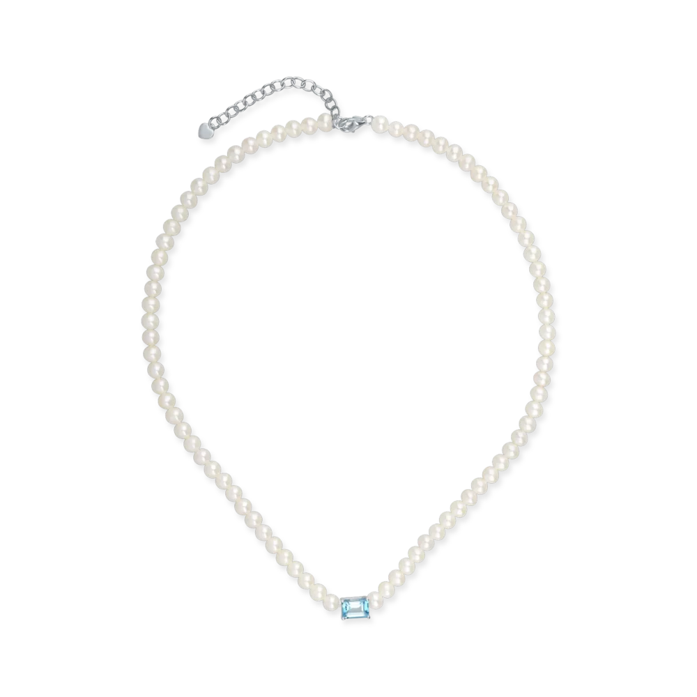 Colier din aur alb cu perle de cultura de 45.5ct si topaz albastru octogonal de 1.2ct