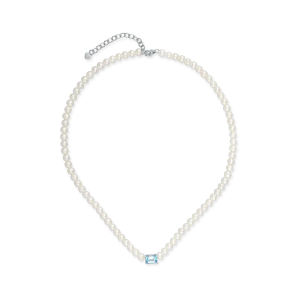 Colier din aur alb cu perle de cultura de 45.5ct si topaz albastru octogonal de 1.2ct