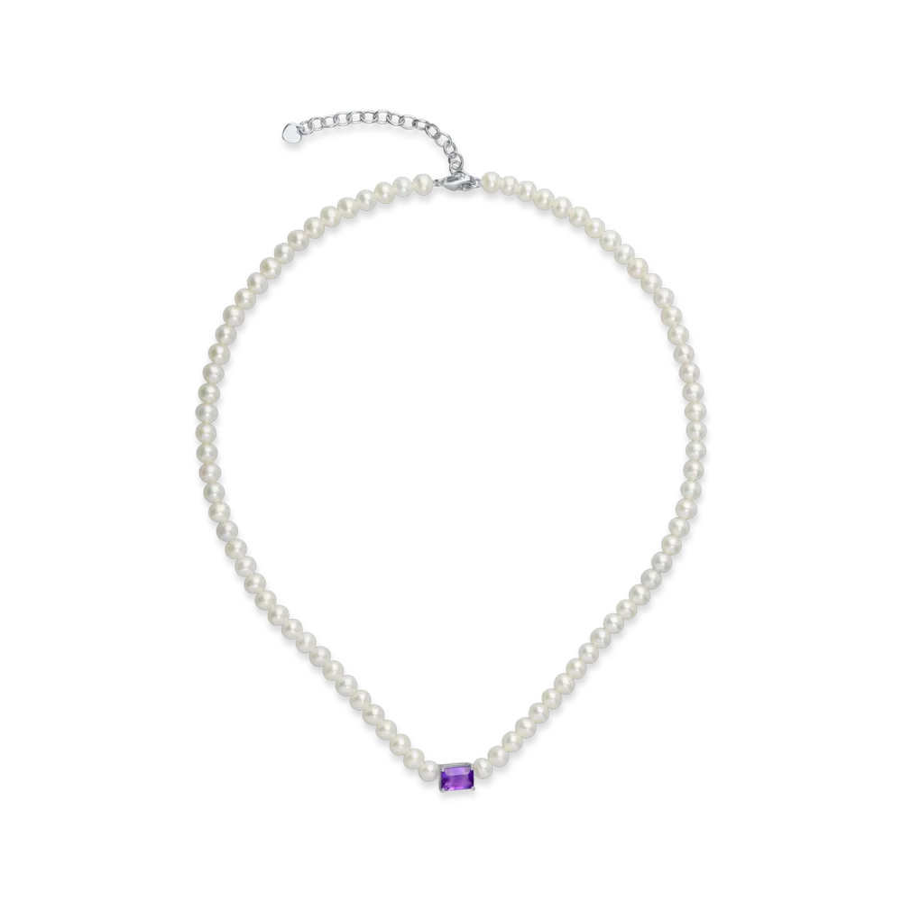 Colier din aur alb cu perle de cultura de 46.2ct si ametist octogonal de 0.9ct