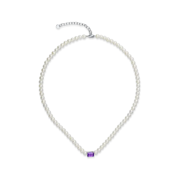 Colier din aur alb cu perle de cultura de 46.2ct si ametist octogonal de 0.9ct