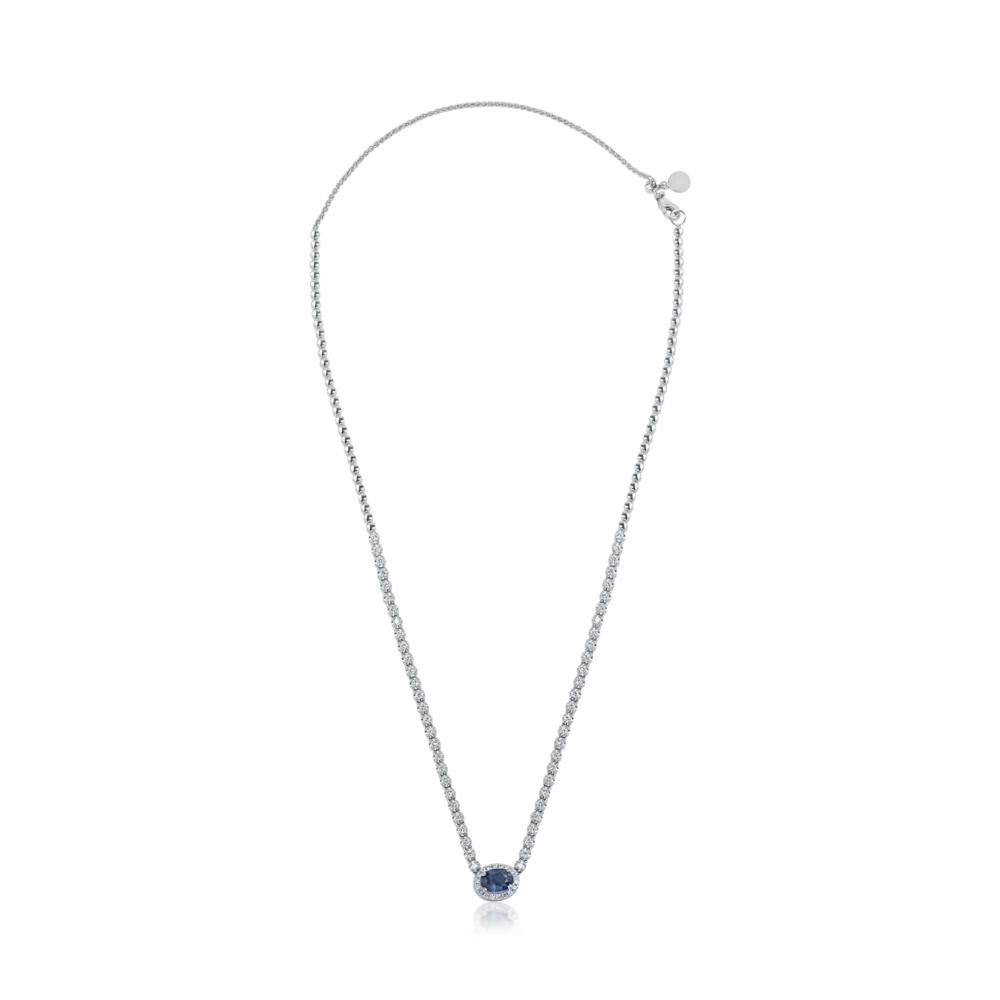Colier din aur alb cu safir albastru oval de 0.954ct si diamante de 1.141ct