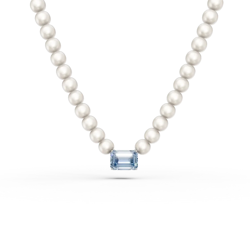 Colier din aur alb cu topaz albastru octogonal de 1.4ct si perle de cultura