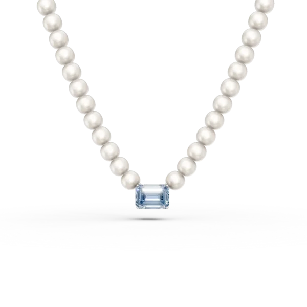 Colier din aur alb cu topaz albastru octogonal de 1.2ct si perle de cultura