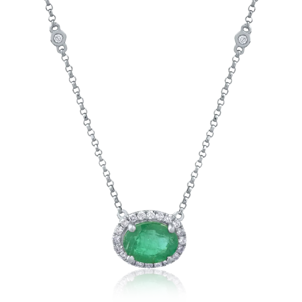 Colier din aur alb cu smarald oval de 1.2ct si diamante de 0.2ct