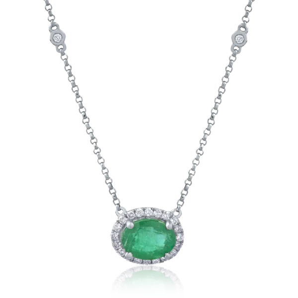 Colier din aur alb cu smarald oval de 1.2ct si diamante de 0.2ct