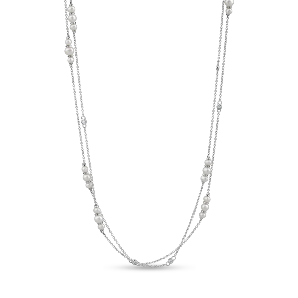 Colier minimalist din aur alb cu diamante de 0.08ct si perle de cultura