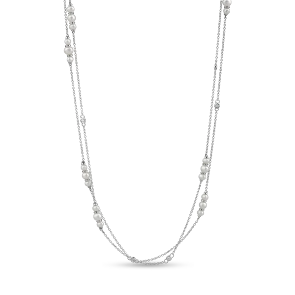 Colier minimalist din aur alb cu diamante de 0.08ct si perle de cultura