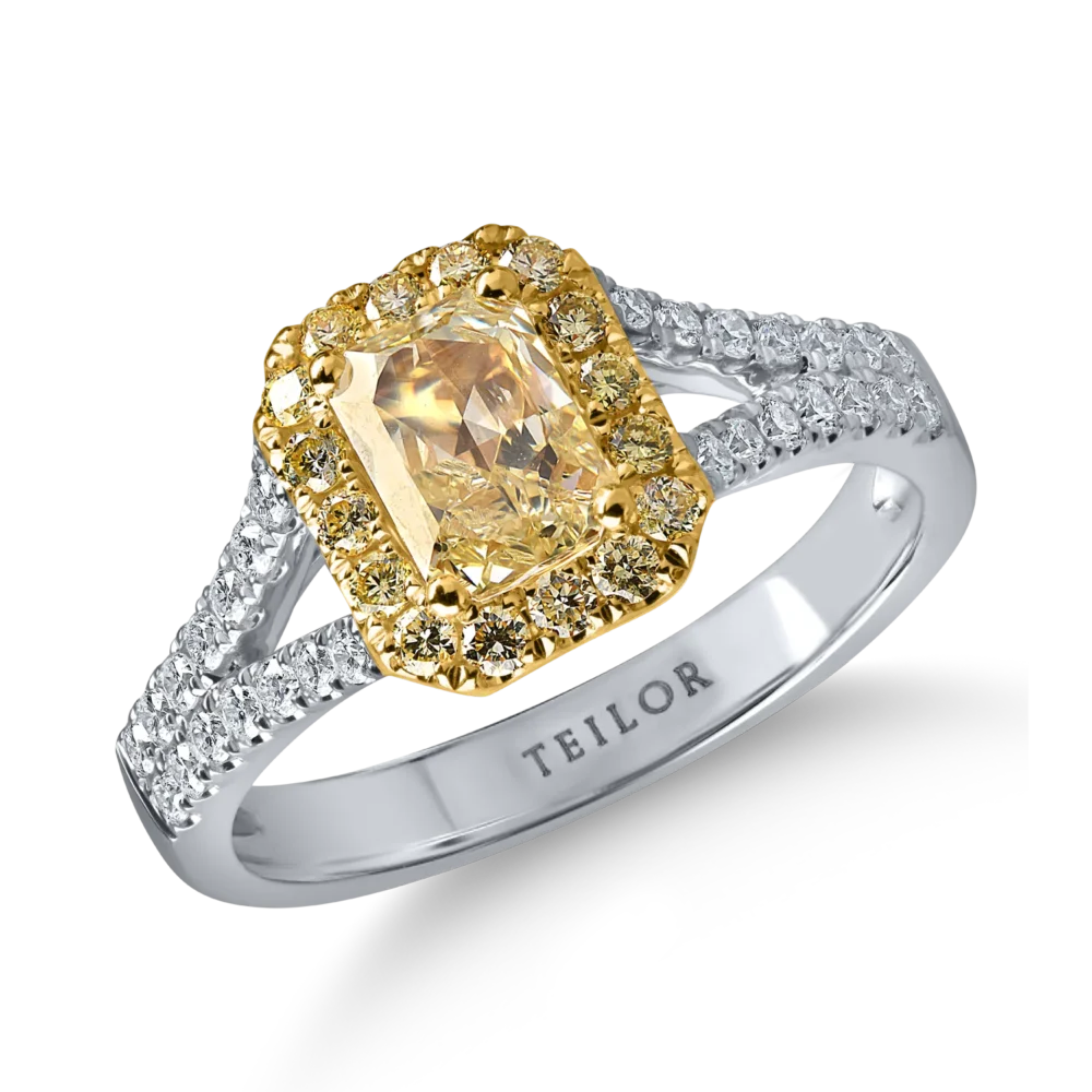 Inel clasic din aur alb-galben cu diamante galbene rectangulare si rotunde si incolore de 1.5ct