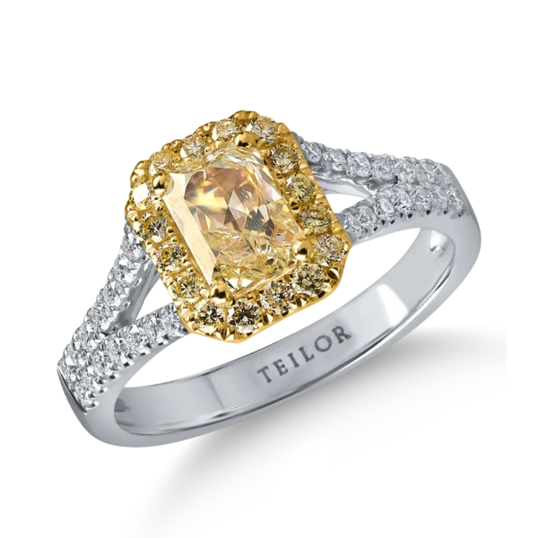 Inel clasic din aur alb-galben cu diamante galbene rectangulare si rotunde si incolore de 1.5ct