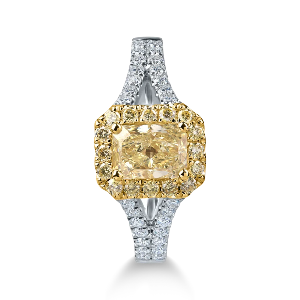 Inel clasic din aur alb-galben cu diamante galbene rectangulare si rotunde si incolore de 1.5ct - imagine 2