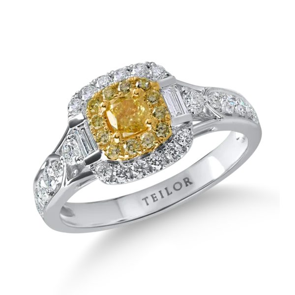 Inel clasic din aur alb-galben cu diamante galbene cushion si rotunde si diamante incolore baguette si rotunde de 1.6ct