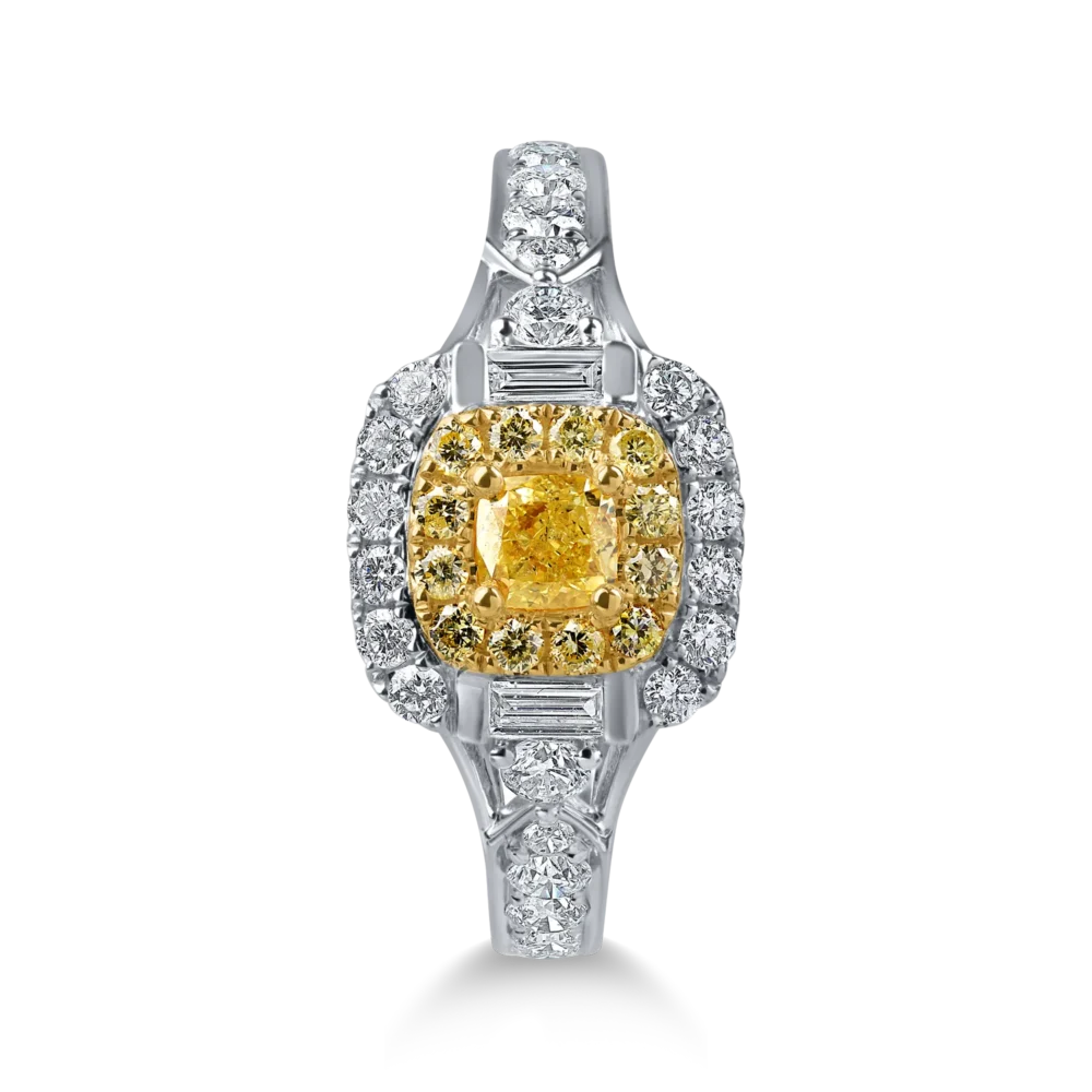 Inel clasic din aur alb-galben cu diamante galbene cushion si rotunde si diamante incolore baguette si rotunde de 1.6ct - imagine 2