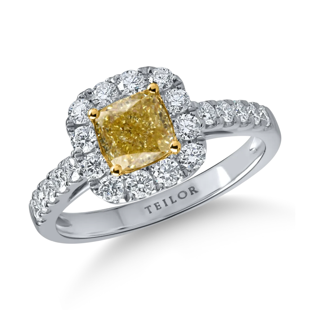 Inel clasic din aur alb-galben cu diamante galbene cushion si diamante incolore de 1.7ct