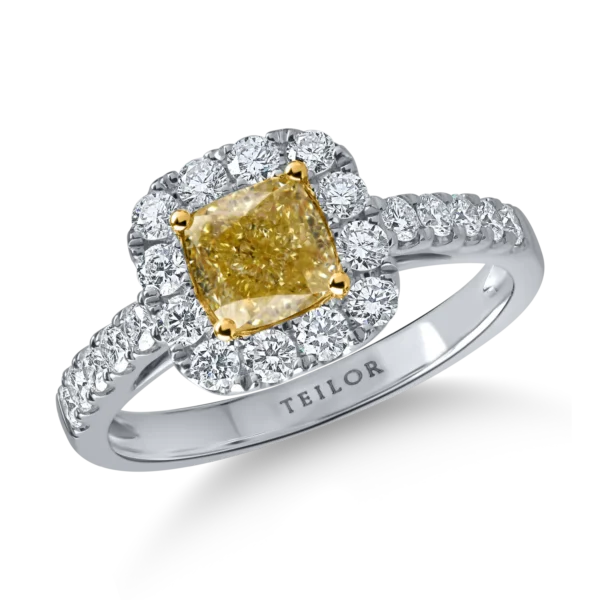 Inel clasic din aur alb-galben cu diamante galbene cushion si diamante incolore de 1.7ct