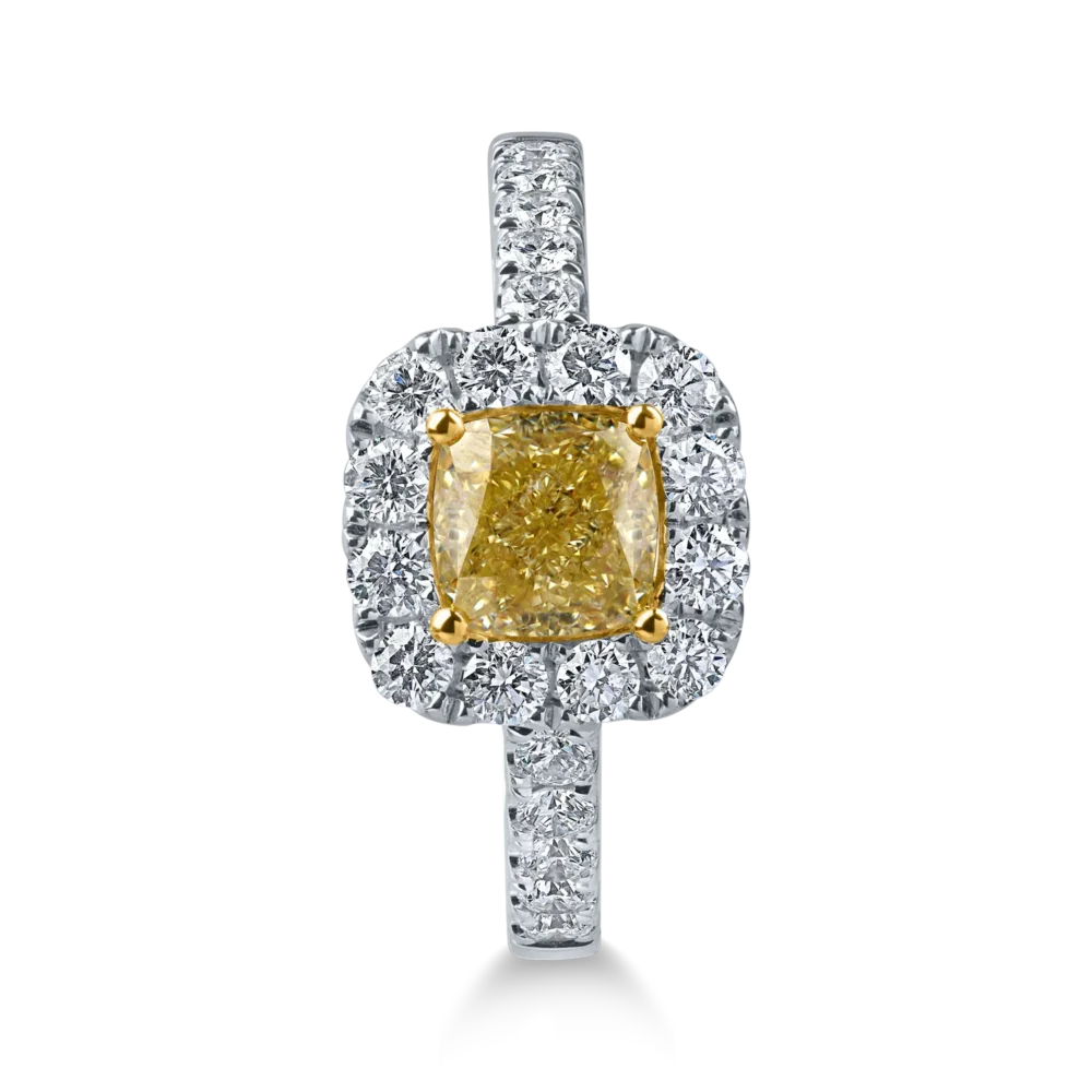 Inel clasic din aur alb-galben cu diamante galbene cushion si diamante incolore de 1.7ct - imagine 2