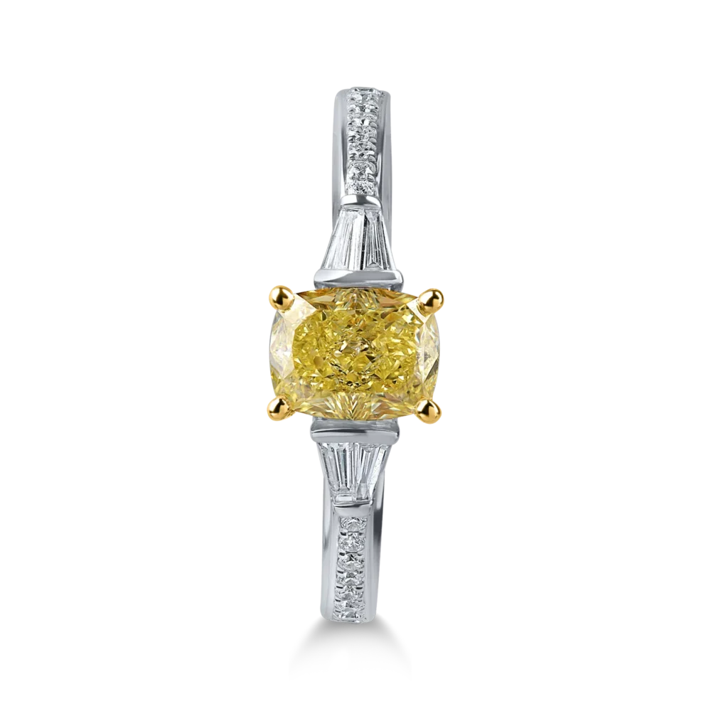 Inel clasic din aur alb-galben cu un diamant fancy glaben cushion de 1ct si diamante incolore baguette si rotunde de 0.19ct - imagine 2