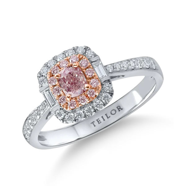 Inel clasic din aur alb-roz cu diamante roz cushion si rotunde si diamante incolore baguette si rotunde de 1ct