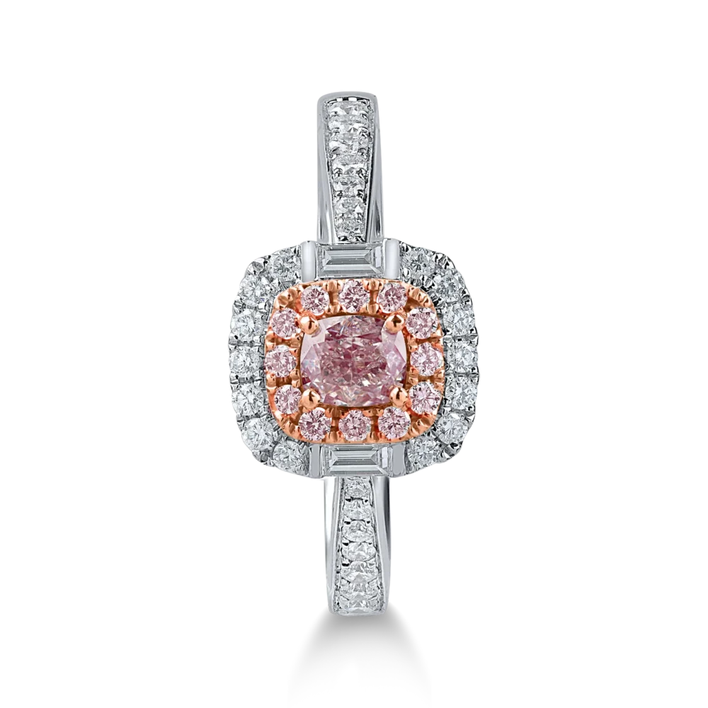 Inel clasic din aur alb-roz cu diamante roz cushion si rotunde si diamante incolore baguette si rotunde de 1ct - imagine 2