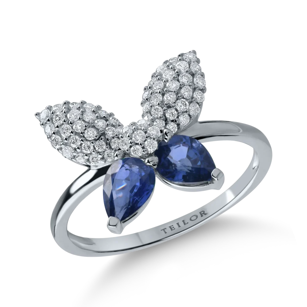Inel cu fluture din aur alb cu safire pear de 1.02ct si diamante de 0.28ct