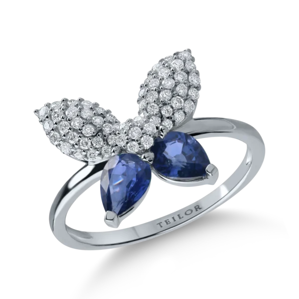 Inel cu fluture din aur alb cu safire pear de 1.02ct si diamante de 0.28ct