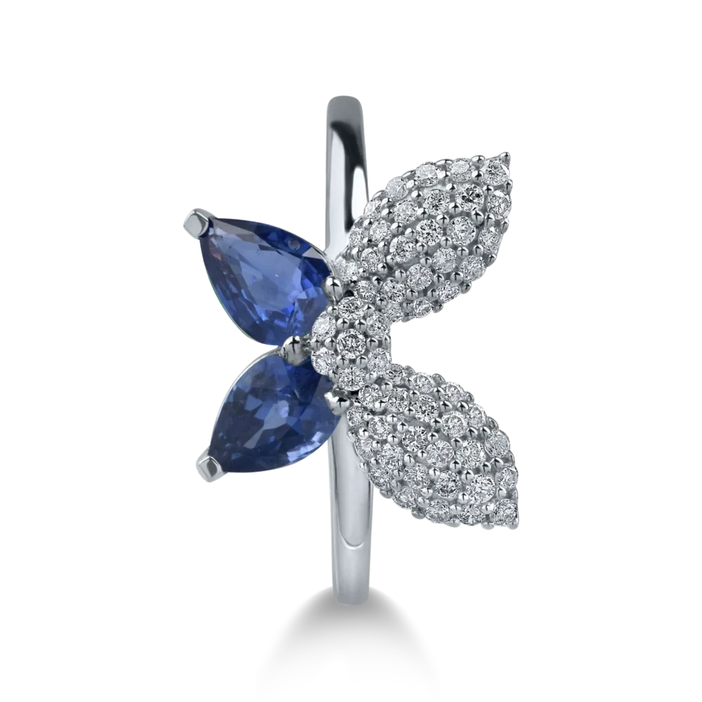 Inel cu fluture din aur alb cu safire pear de 1.02ct si diamante de 0.28ct - imagine 2