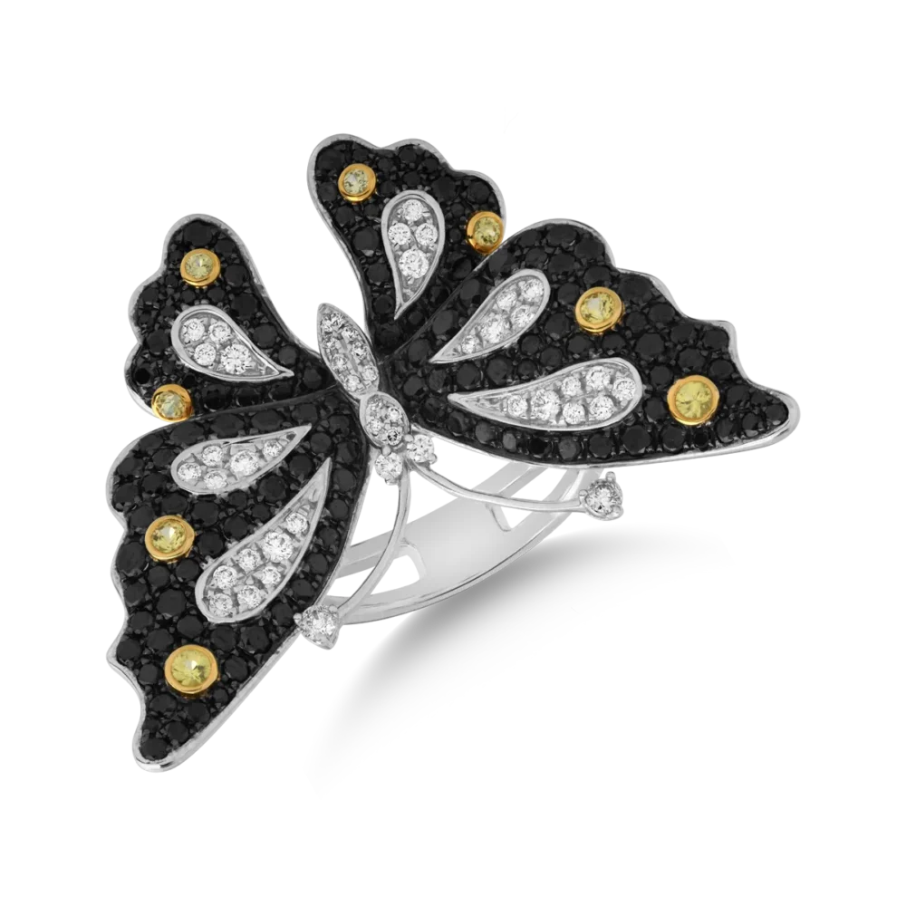 Inel cu fluture din aur alb cu diamante de 2.63ct si safire galbene de 0.24ct