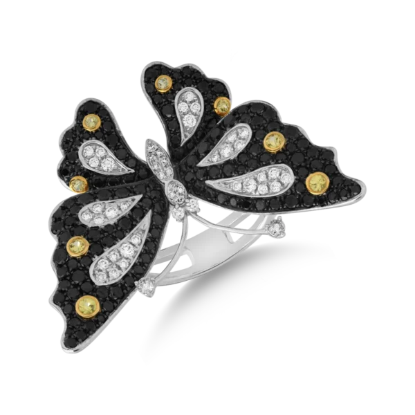 Inel cu fluture din aur alb cu diamante de 2.63ct si safire galbene de 0.24ct
