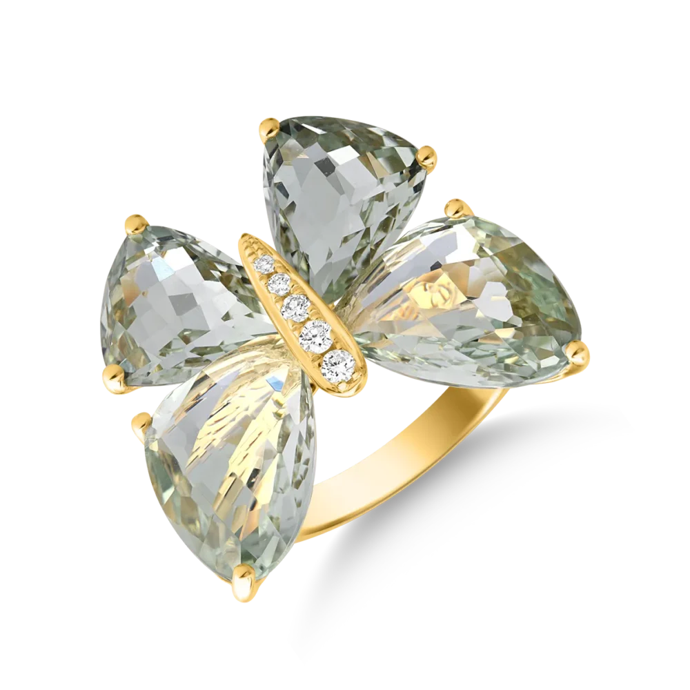 Inel cu fluture din aur galben cu ametiste verzi de 11.7ct si diamante de 0.07ct