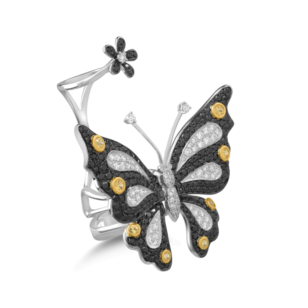 Inel cu fluture si floare din aur alb cu pietre pretioase de 3.53ct
