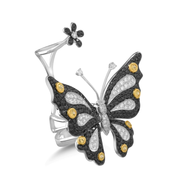 Inel cu fluture si floare din aur alb cu pietre pretioase de 3.53ct