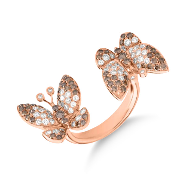 Inel cu fluturi din aur roz cu diamante maro de 0.81 si diamante transparente de 0.67ct