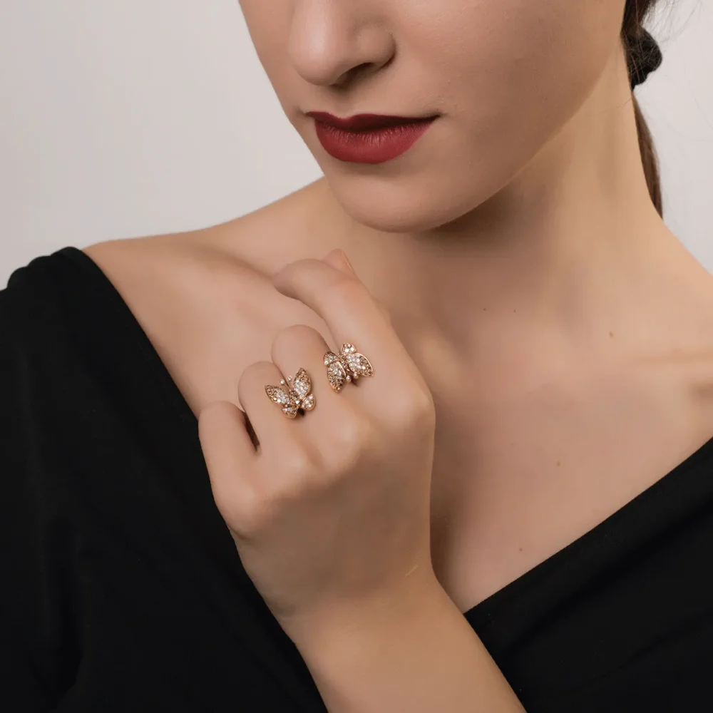 Inel cu fluturi din aur roz cu diamante maro de 0.81 si diamante transparente de 0.67ct - imagine 4