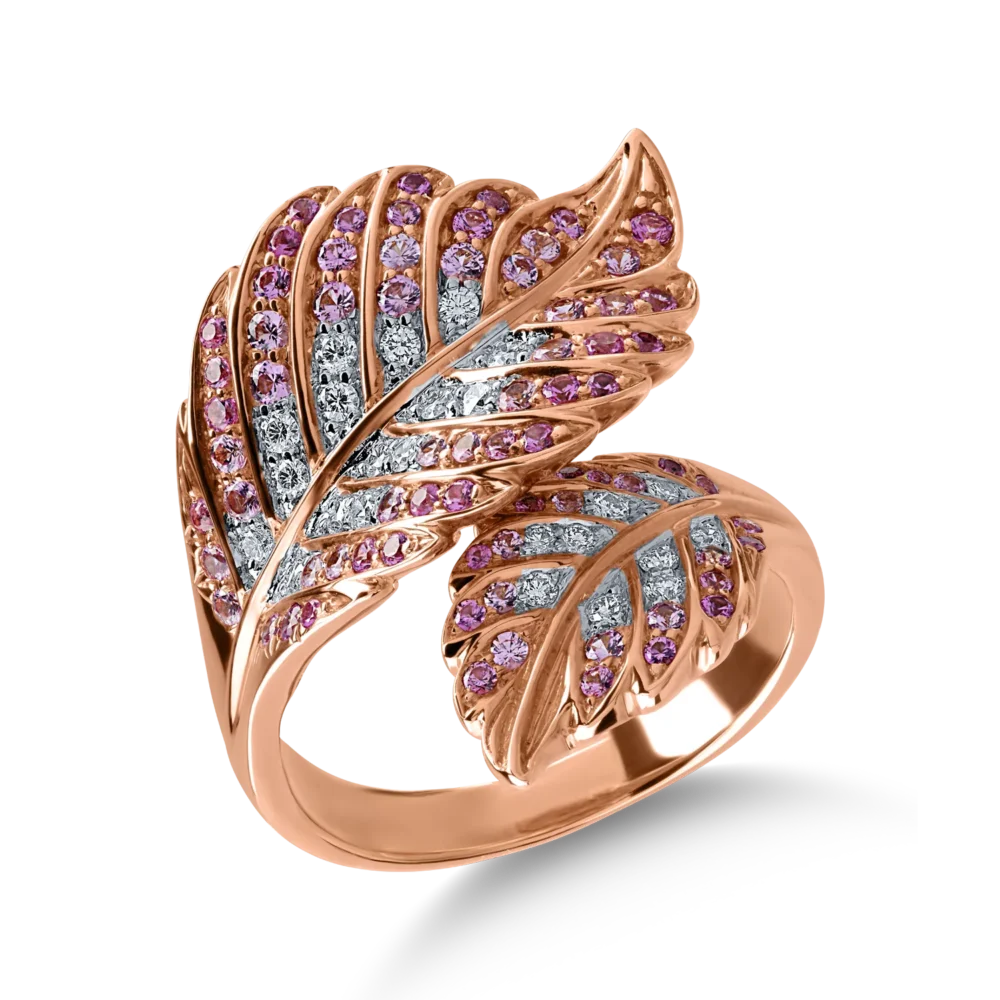 Inel cu frunza din aur roz cu diamante de 0.22ct si safire roz de 0.67ct