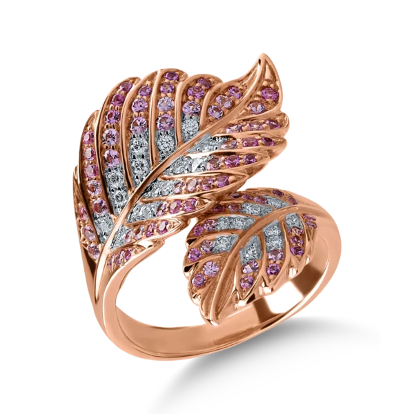 Inel cu frunza din aur roz cu diamante de 0.22ct si safire roz de 0.67ct