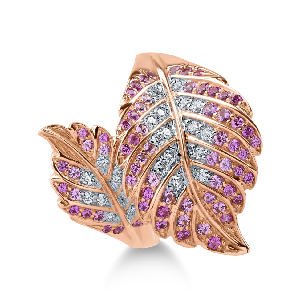 Inel cu frunza din aur roz cu diamante de 0.22ct si safire roz de 0.67ct - imagine 2