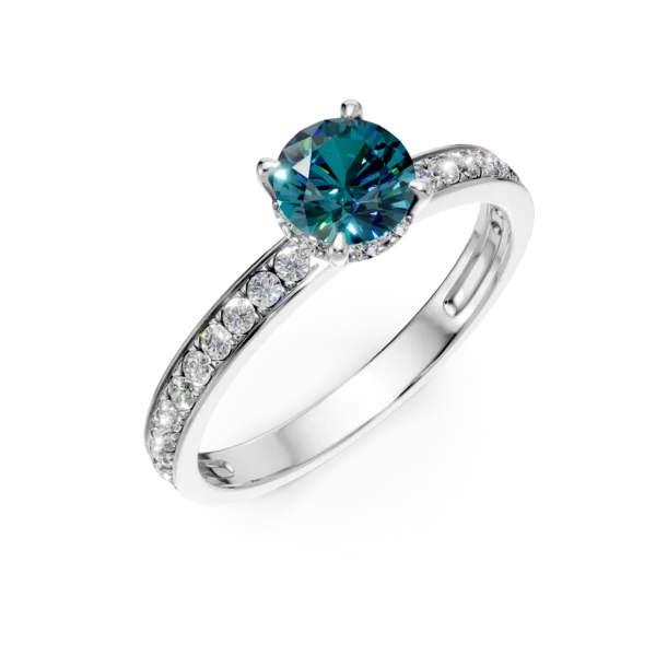 Inel de logodna din aur alb cu diamante albastre si incolore de 0.6ct