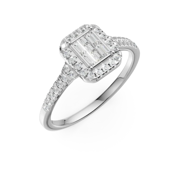 Inel de logodna din aur alb cu diamante baguette, princess si rotunde de 0.3ct