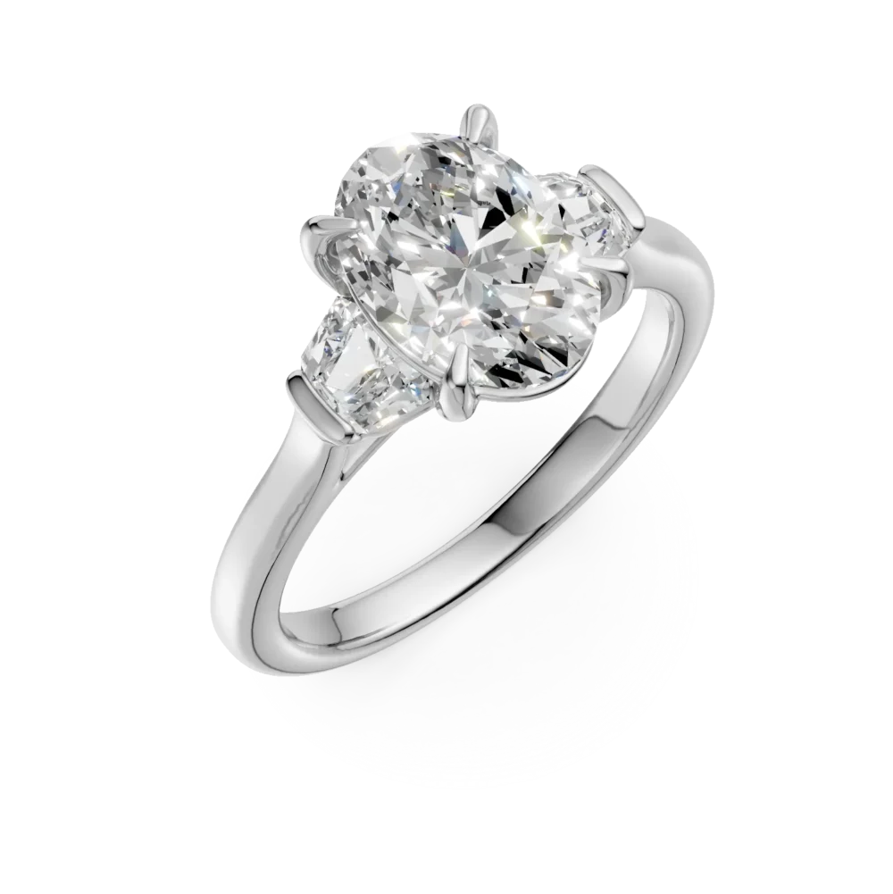 Inel de logodna din aur alb cu diamante ovale si triangle de 2ct create in laborator