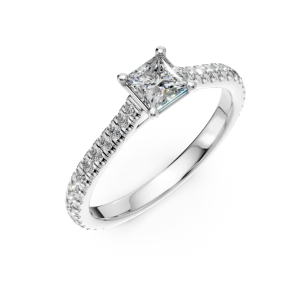 Inel de logodna din aur alb cu un diamant princess de 0.4ct si diamante de 0.1ct