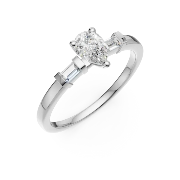 Inel de logodna din aur alb cu diamant pear de 0.4ct si diamante baguette de 0.08ct
