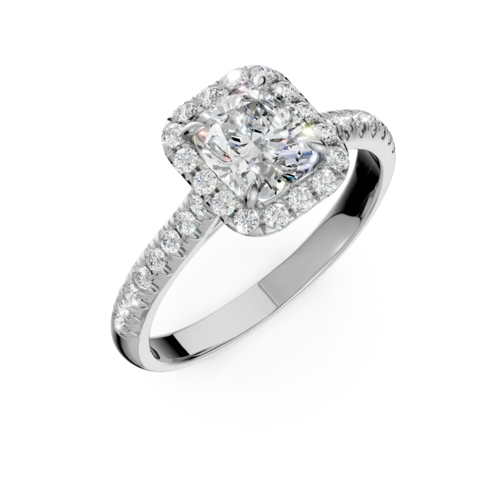 Inel de logodna din aur alb cu diamant cushion de 1ct si diamante de 0.2ct