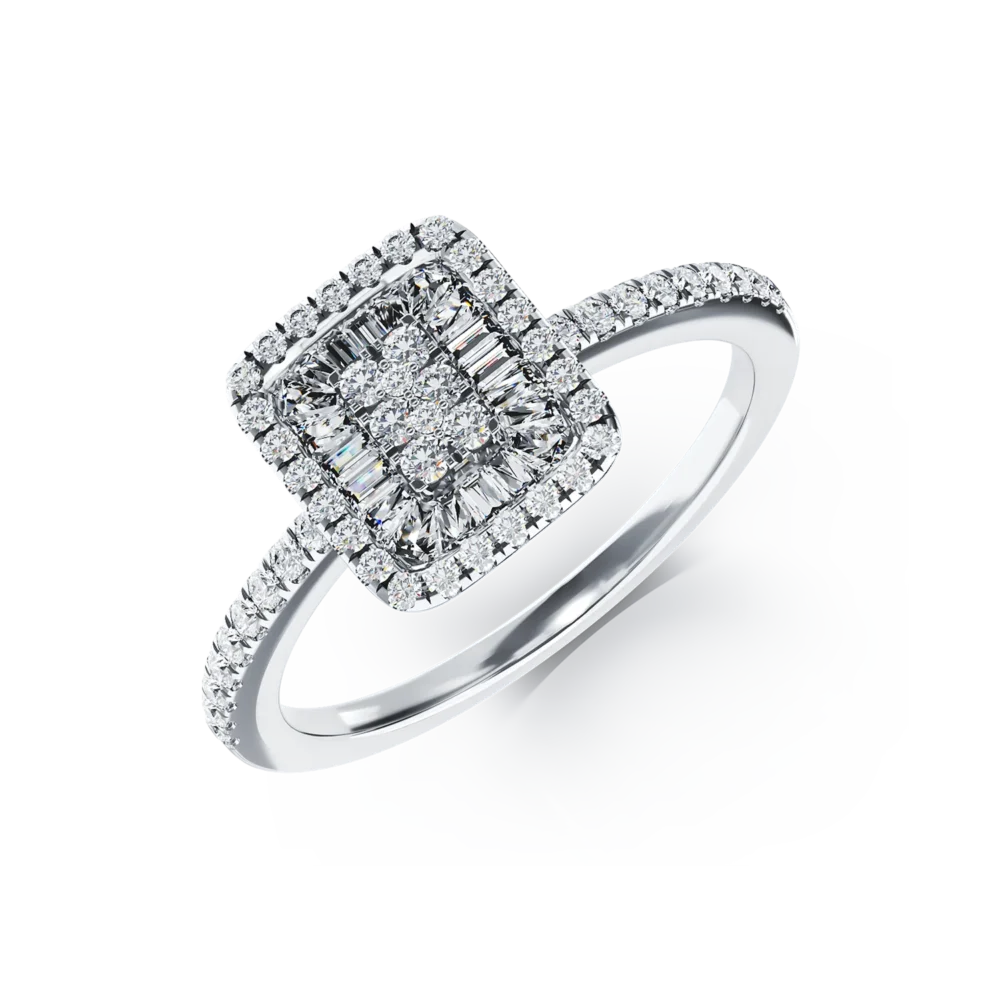 Inel de logodna din aur alb cu diamante baguette si rotunde de 0.2ct