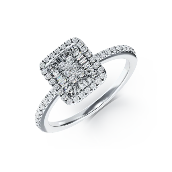 Inel de logodna din aur alb cu diamante baguette si rotunde de 0.2ct