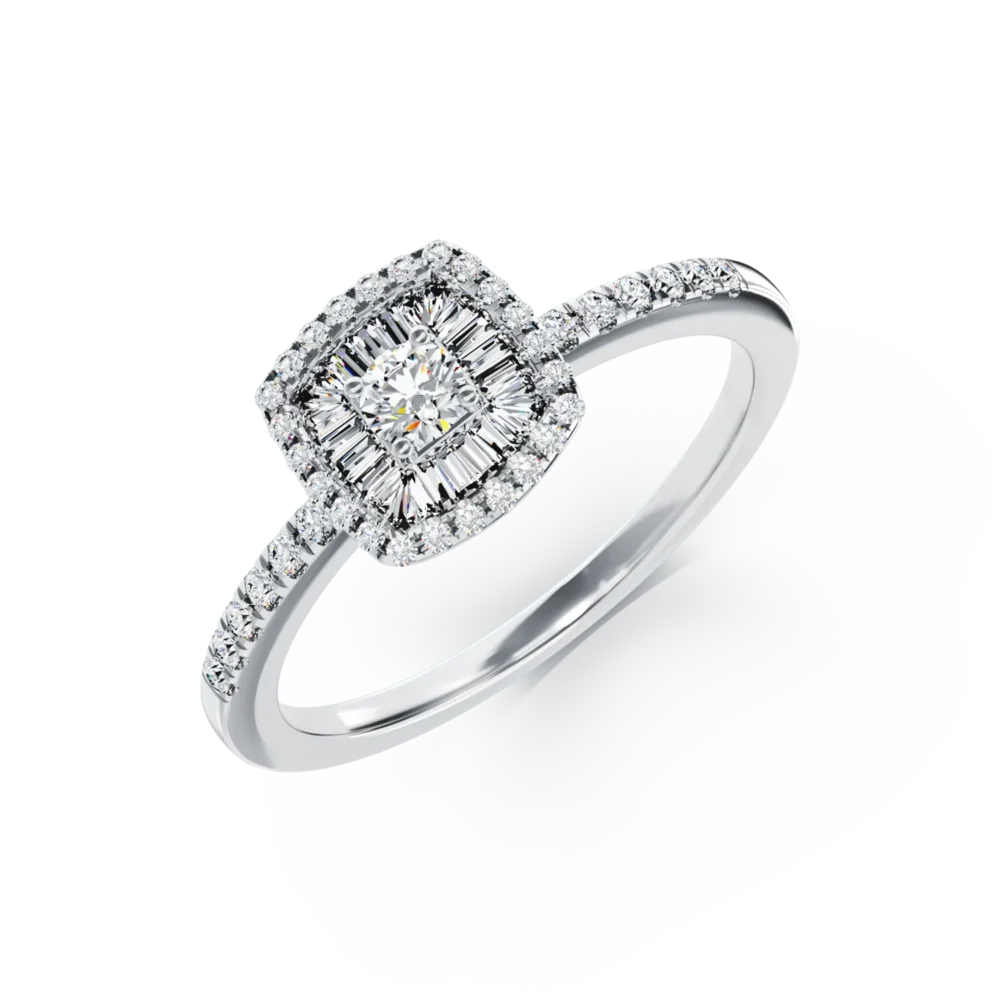 Inel de logodna din aur alb cu diamante baguette si rotunde de 0.3ct