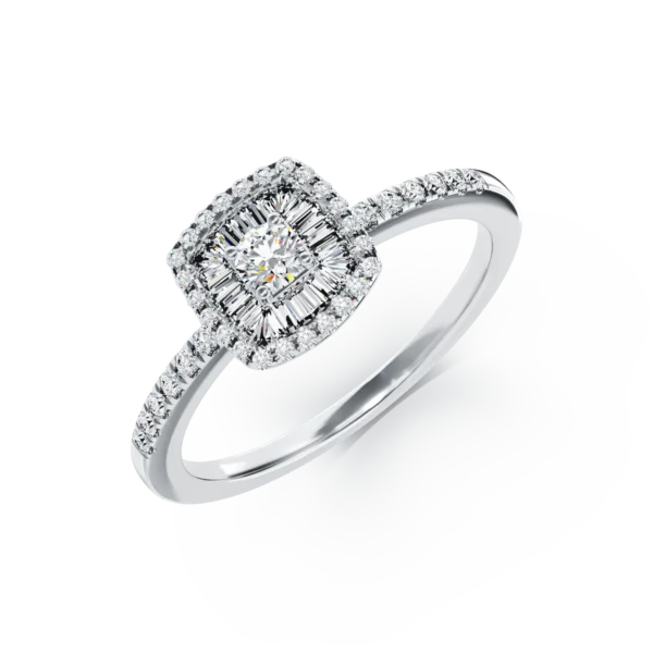 Inel de logodna din aur alb cu diamante baguette si rotunde de 0.3ct