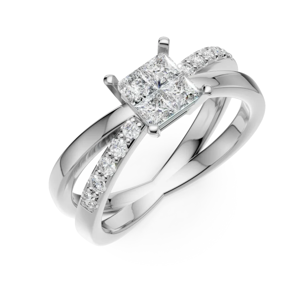 Inel de logodna din aur alb cu diamante princess de 0.37ct si diamante de 0.09ct