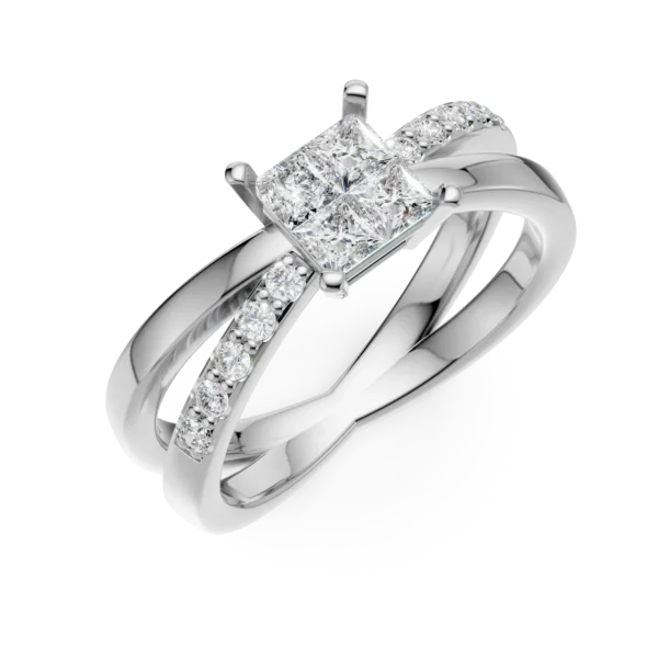 Inel de logodna din aur alb cu diamante princess de 0.37ct si diamante de 0.09ct